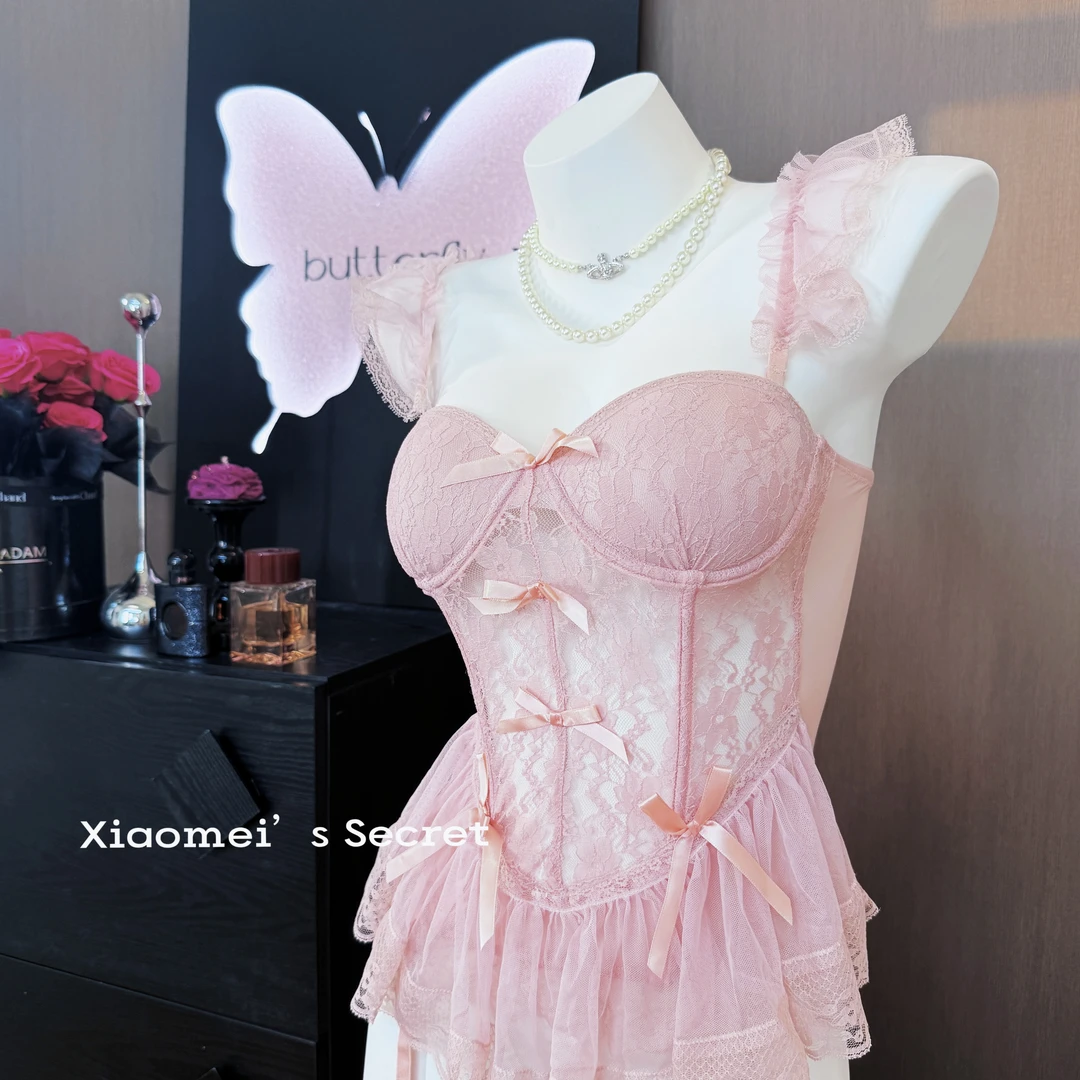 【小美衣橱】80-200微胖夏日纯欲聚拢蕾丝鱼骨吊带钢圈胸垫显瘦裙子