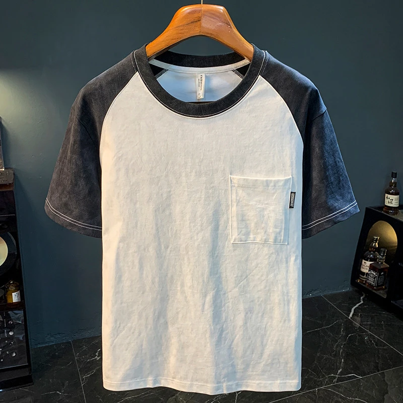 夏季圆领短袖男薄款宽松100全棉舒适T恤衫口袋拼接设计感半袖上衣