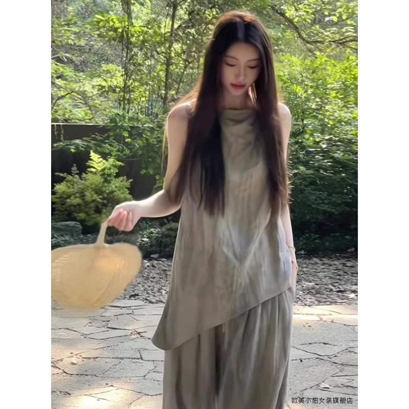 夏季松驰穿搭一整套新款不规则无袖上衣阔腿裤两件套