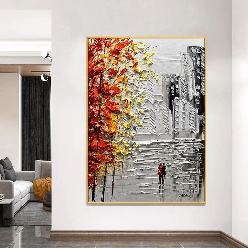 手绘油画《相伴》城市街景肌理玄关背景墙装饰画客厅挂画轻奢抽象