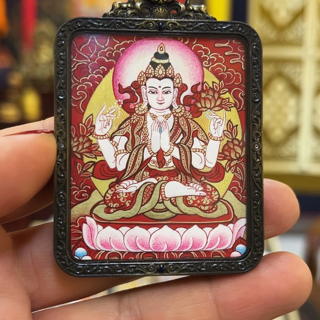 银S925热贡艺术唐卡红唐四壁观音