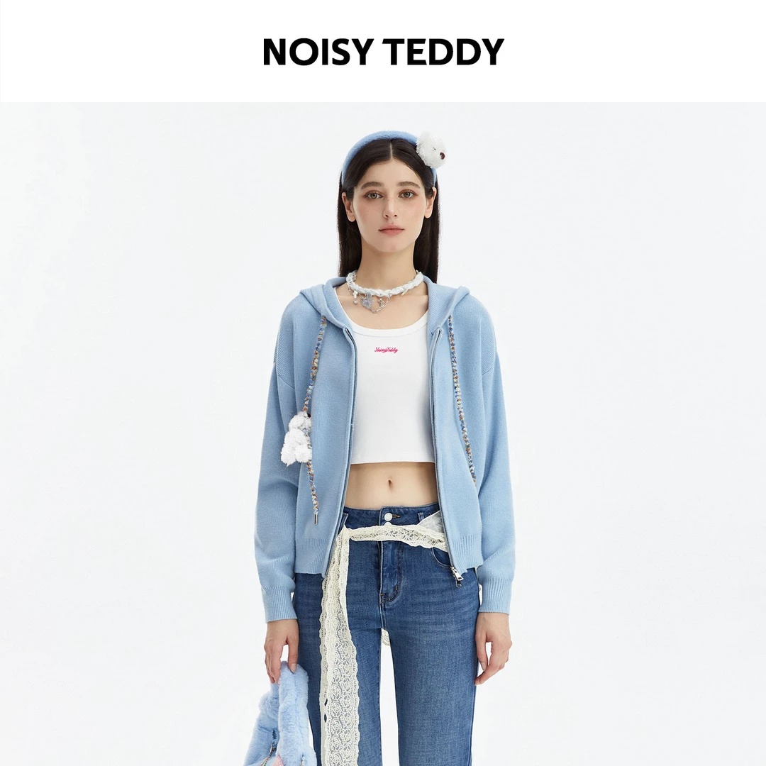 NOISY TEDDY设计款藤蔓小熊针织连帽开衫秋冬拉链毛衣休闲外套女