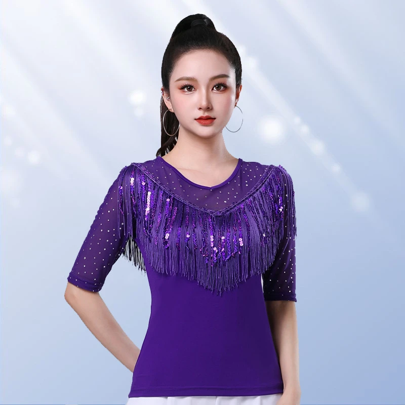 洋气摩登双流苏亮片跳舞专用衣服拉丁广场吉特巴新款舞蹈上衣女