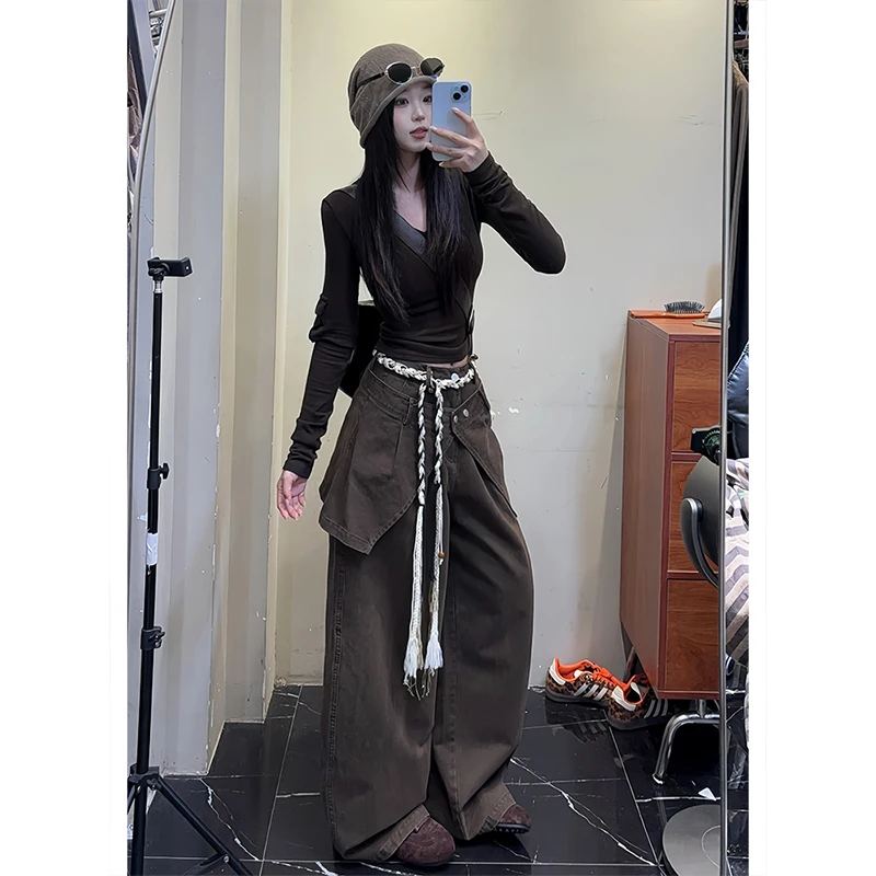 美式高街屁帘假两件牛仔裤女2025秋季新款宽松显瘦遮胯直筒休闲裤