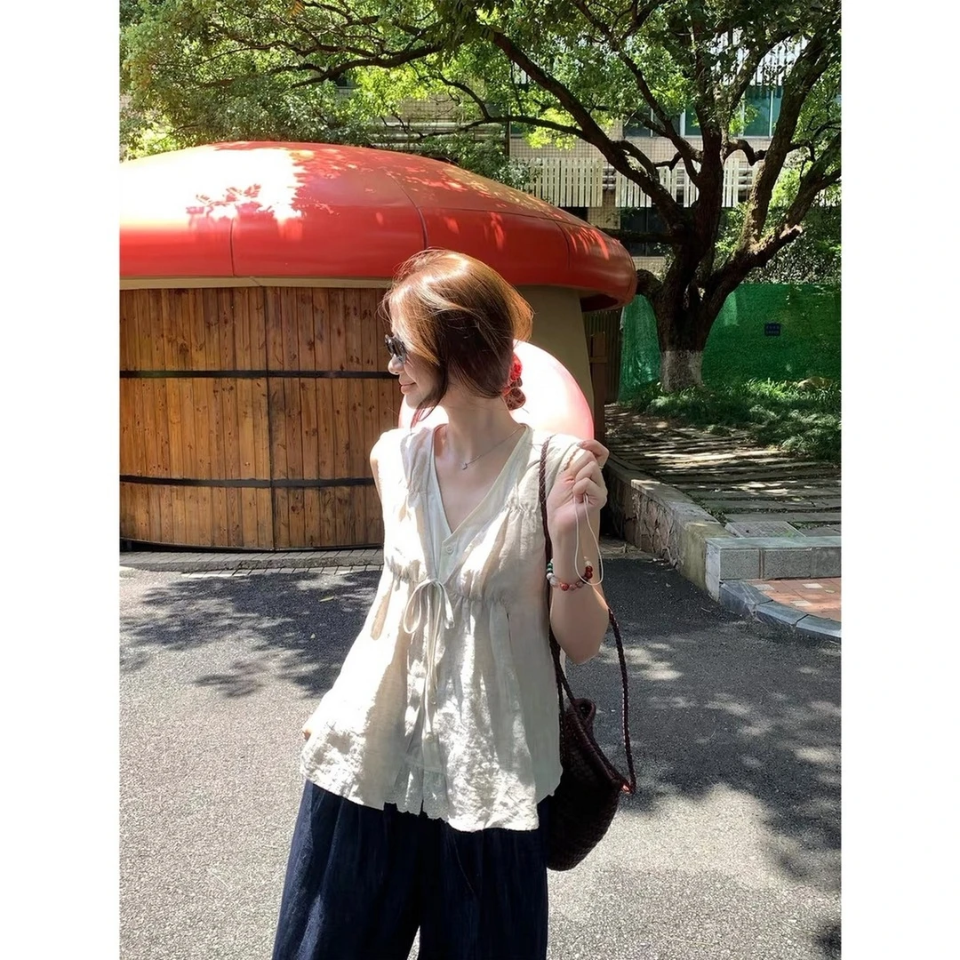 韩系甜美无袖薄款V领夏季常规绑带衬衫宽松复古法式百搭休闲小衫