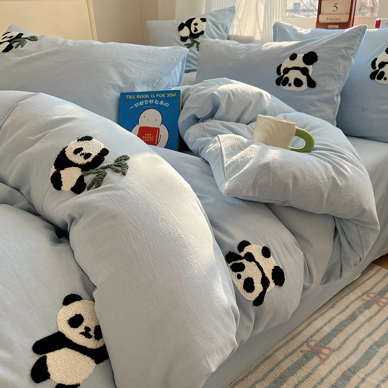可爱大熊猫毛巾绣全棉四件套纯棉卡通床上用品被套床单三件套家纺