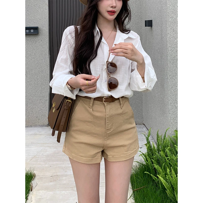 简约韩系纯色休闲牛仔短裤女2025年夏季新款高腰宽松百搭阔腿短裤