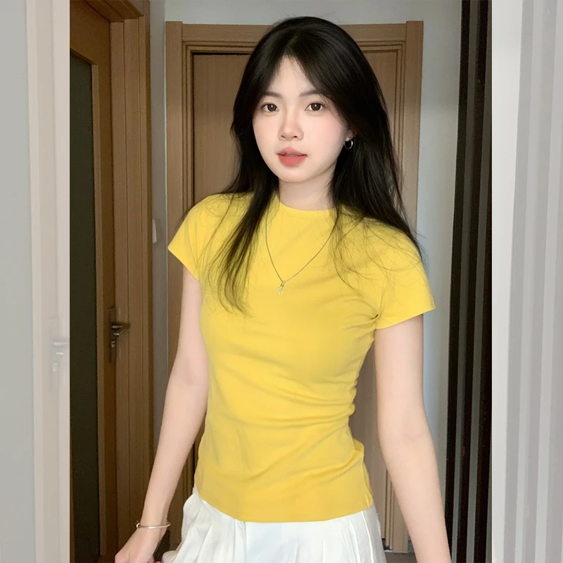 活力芒果黄圆领正肩短袖t恤2025夏百搭显白修身显瘦小上衣女