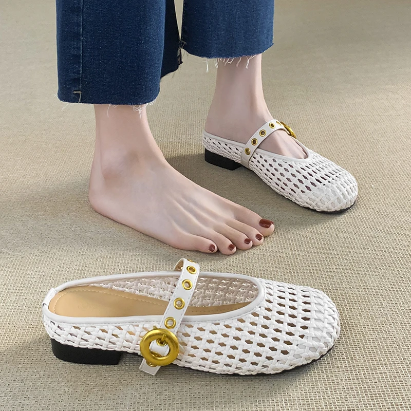 真皮牛皮编织法式镂空浅口包头半拖鞋女夏外穿夏季新款百搭凉拖鞋