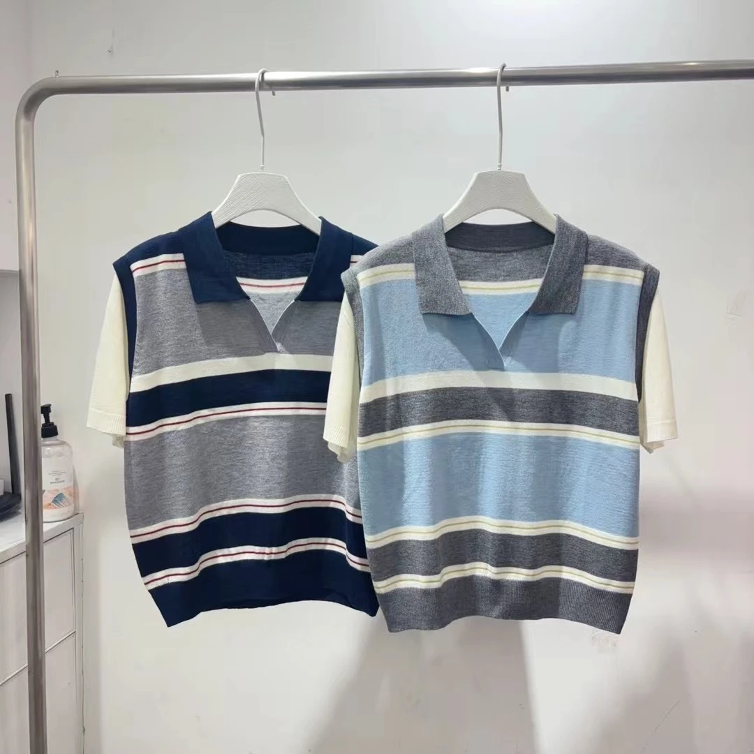 【学院风减龄条纹】假两件撞色拼接显瘦POLO套头针织衫 18622(6949)