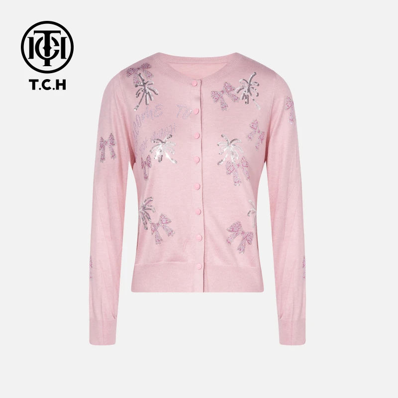TCH烫钻工艺新时尚长袖百搭新潮流针织衫T75C43E1010轻奢tch上衣