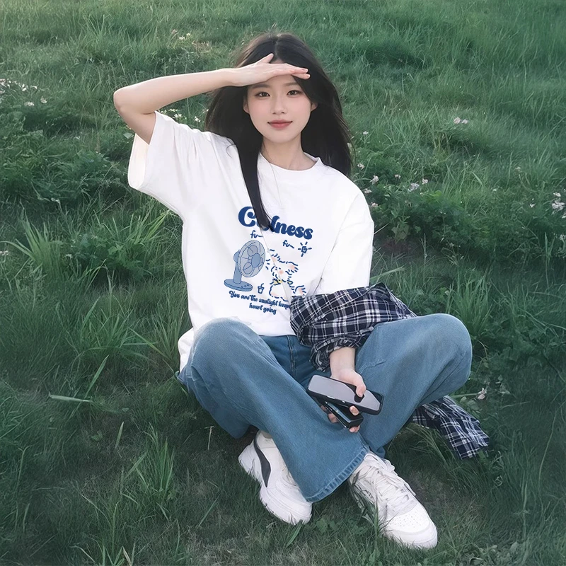 白色短袖t恤女2025新款爆款秋季纯棉宽松半袖韩系设计感小众上衣
