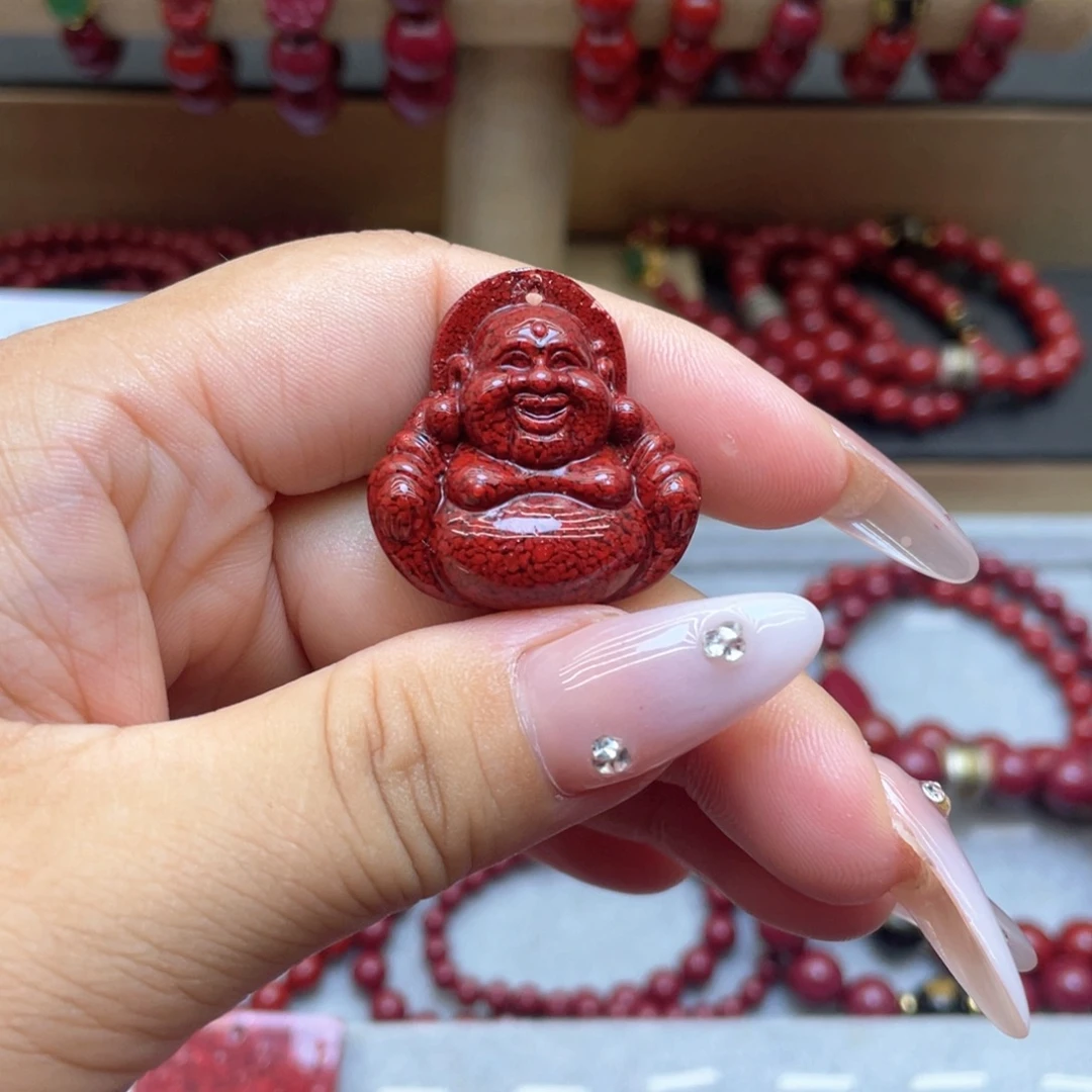 天然辰砂晶体弥勒佛吊坠