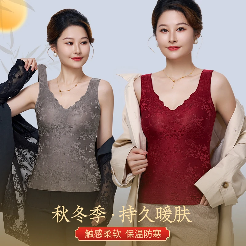 国风中式奢华竹影磨毛暖绒裸感免穿内衣蓄热背心