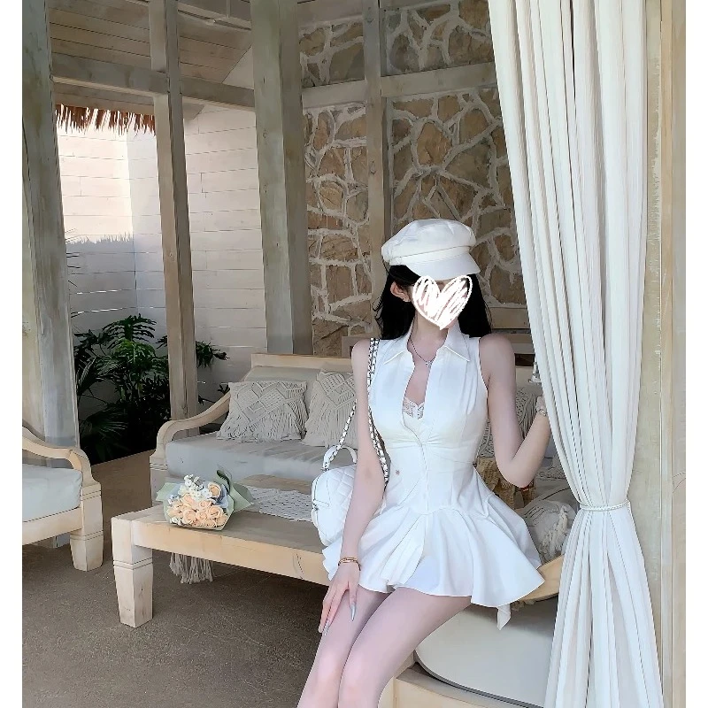 自带蕾丝内搭法式性感白色纯欲ol套装连衣裙短裙