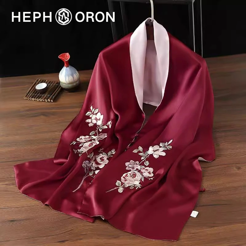 HEPHSORON苏绣丝巾礼盒送妈妈红色牡丹刺绣盘扣桑蚕丝真丝围巾