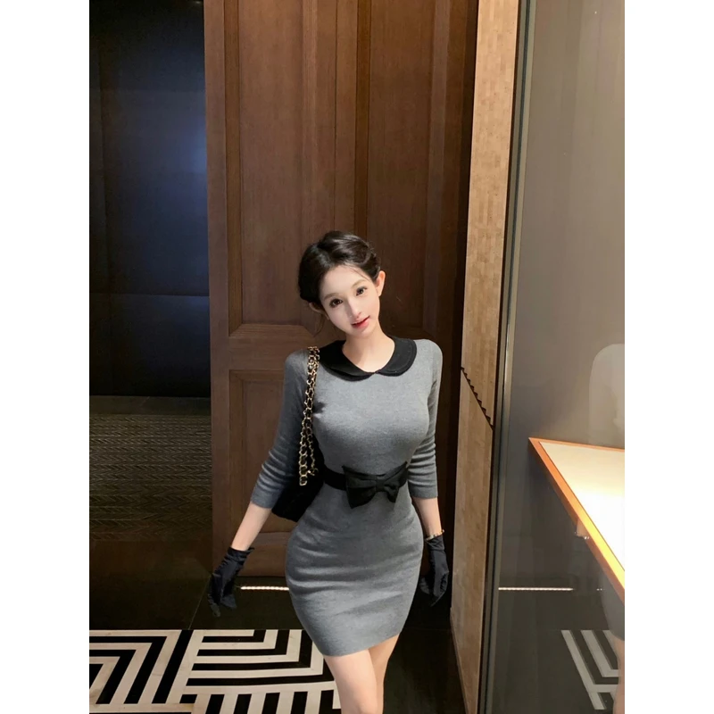 法式气质撞色娃娃领长袖连衣裙女秋冬蝴蝶结收腰包臀裙纯欲风短裙