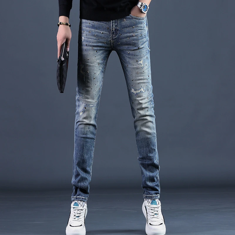 Cebrodz秋季新款破洞时尚牛仔裤男潮牌修身小脚潮流弹力男士长裤