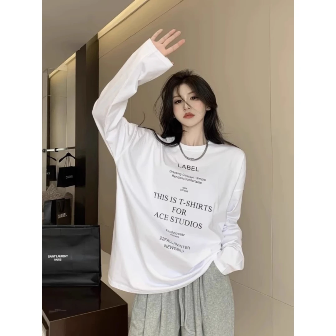 宽松长袖T恤女设计感小众春秋2025新款港味复古chic中长款上衣服