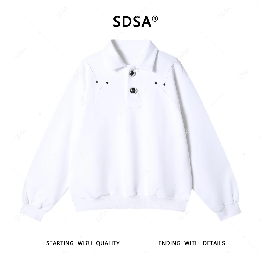 SDSA秋季新款男士痞帅韩系简约纯色铆钉半纽扣翻领卫衣百搭时尚