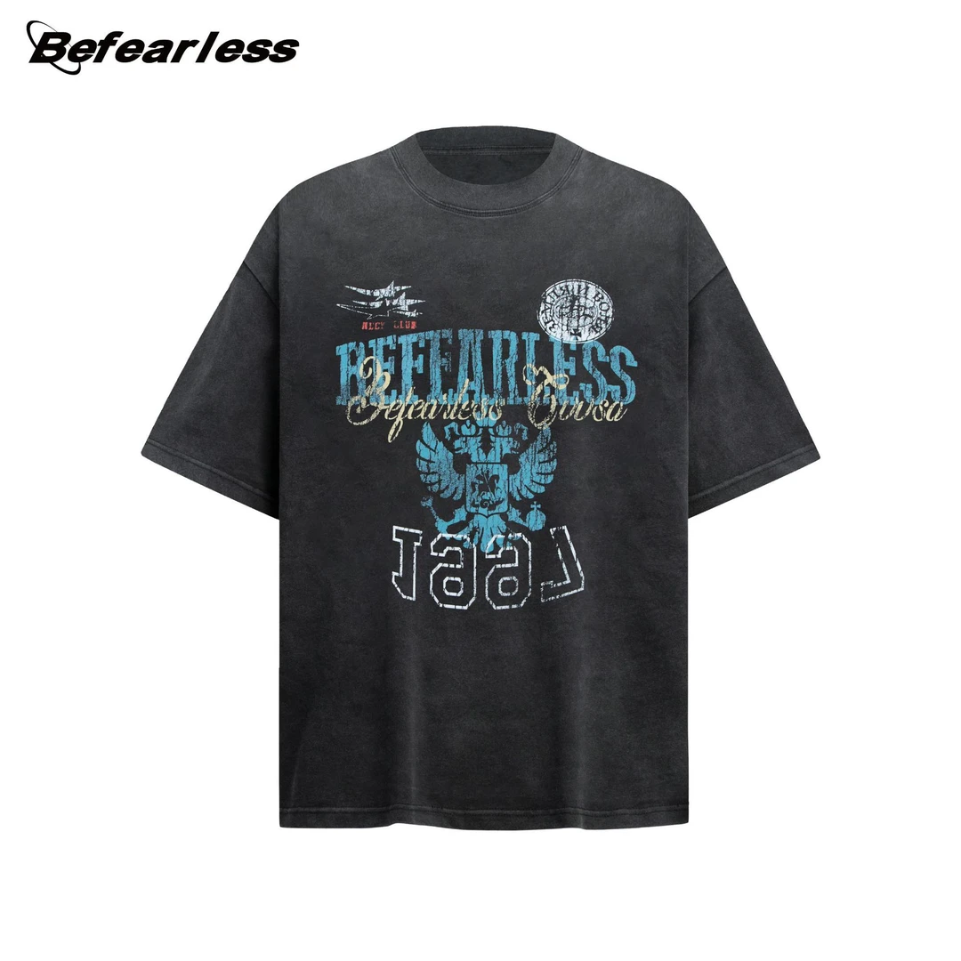 美式复古洗水做旧刷漆字母短袖T恤夏季男女宽松vintage情侣新款