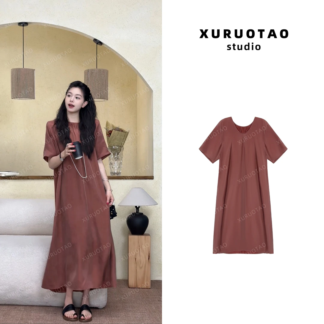 XURUOTAO 【巴克利裙】铜氨丝设计感舒适蔷薇粉红色连衣裙 T5236