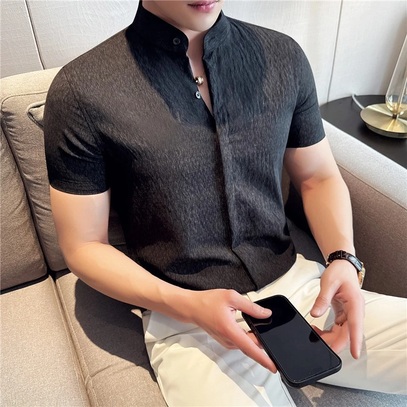 CATIA SELI时尚简约休闲短袖衬衫男士夏季新款冰丝透气褶皱衬衣