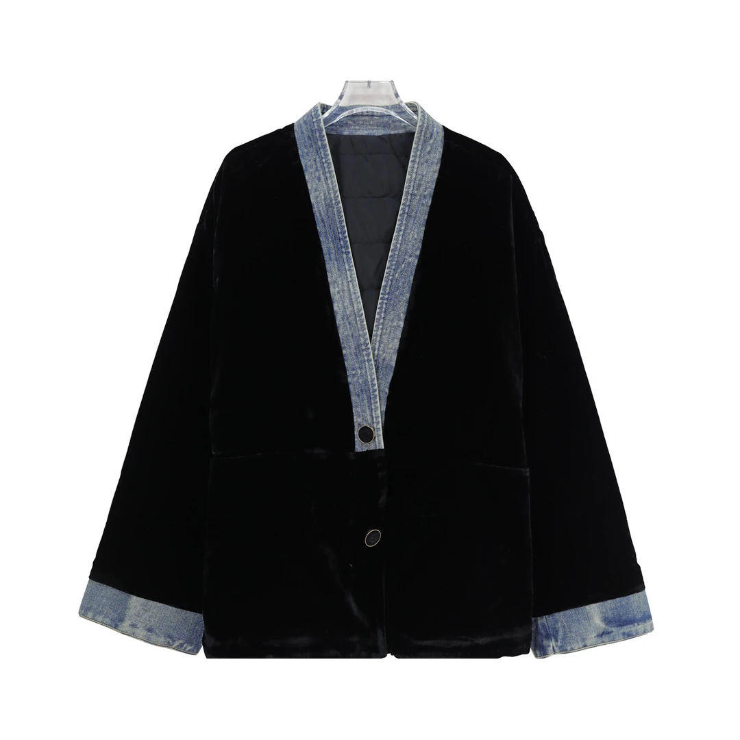 S高级感气质牛仔拼接V领宽松国风保暖外套U290