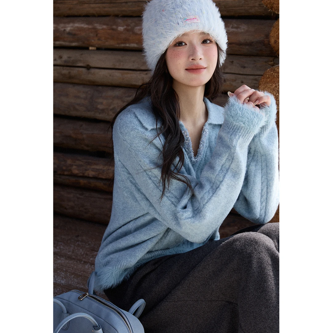 谜秀Polo领麻花绞花仿貂毛毛衣女冬下摆拼接针织衫复古套头