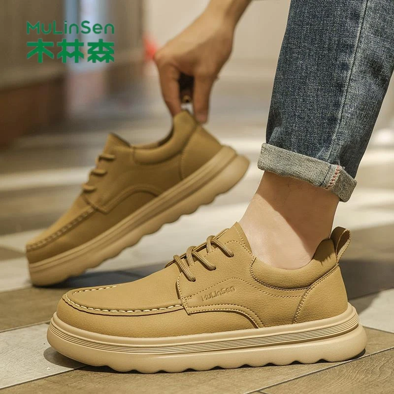 木林森男鞋黑色休闲小马丁厚底夏季高级感皮面正品休闲鞋低帮