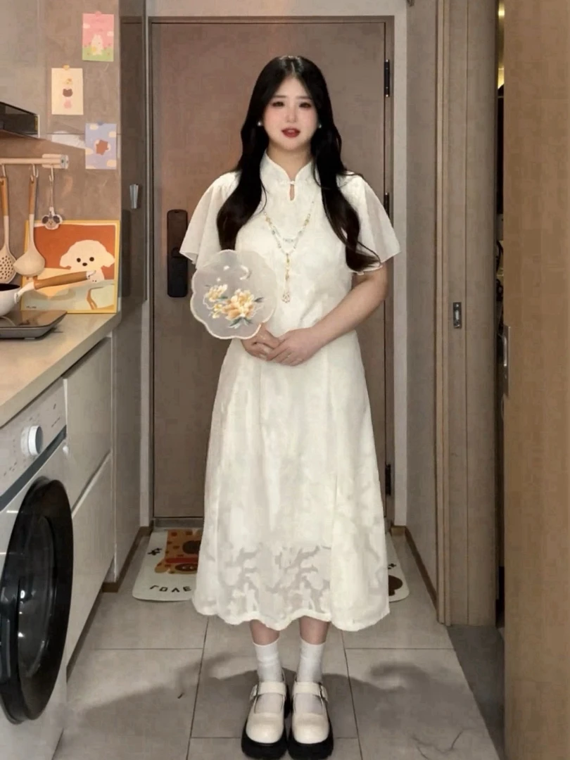 大码胖mm新中式改良版旗袍收腰碎花连衣裙女夏季显瘦国风长裙A