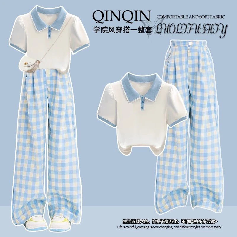 学生夏季阔腿裤套装2025新款短袖T恤少女格子休闲裤夏装两件套