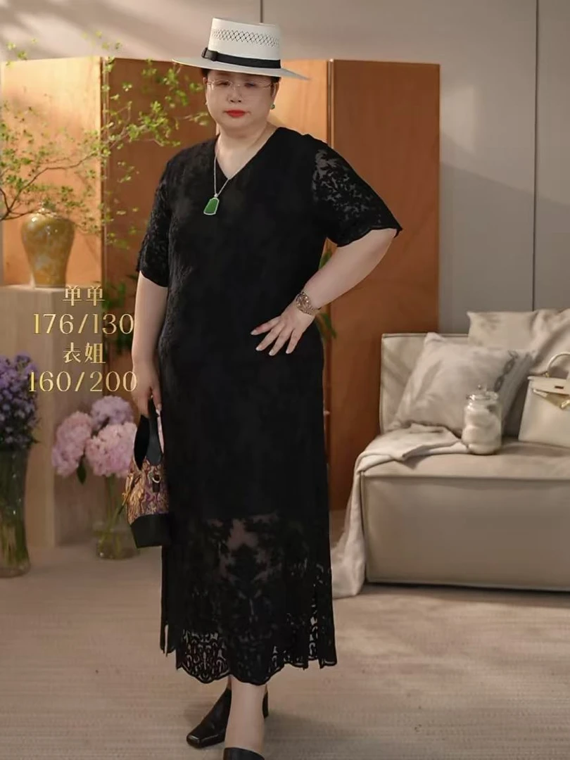 【花滿林】V领重工刺绣顺纡真桑蚕丝短袖连衣裙259392