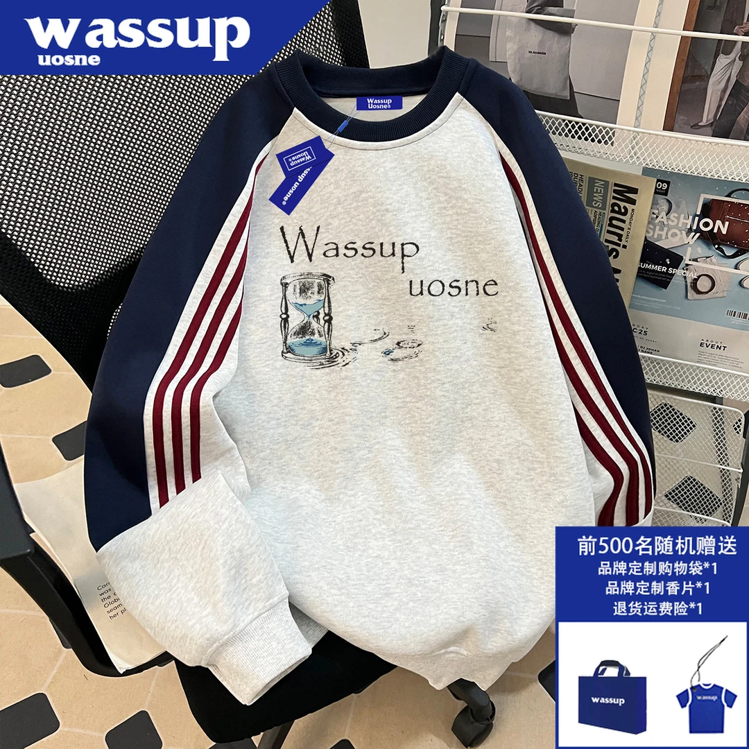 WASSUP UOSNE新款圆领加绒卫衣男2025秋冬美式复古拼接三条杆上衣