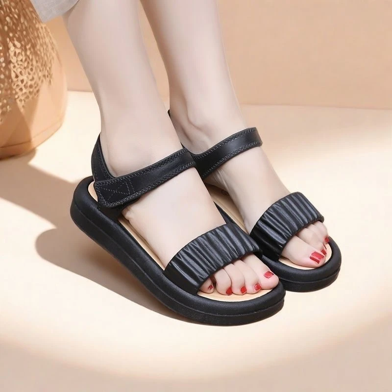 正品凉鞋女新款厚底沙滩鞋上班族外穿女士凉鞋防滑魔术贴平底凉鞋