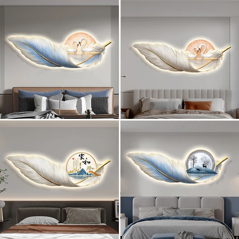 【新品】客厅装饰画高档羽毛壁画卧室床头led灯画沙发背景墙挂画