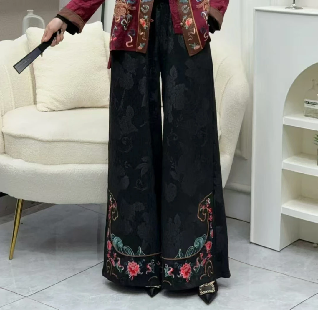 2503秋冬款 国风绣花阔腿裤 休闲百搭时尚宽松中式