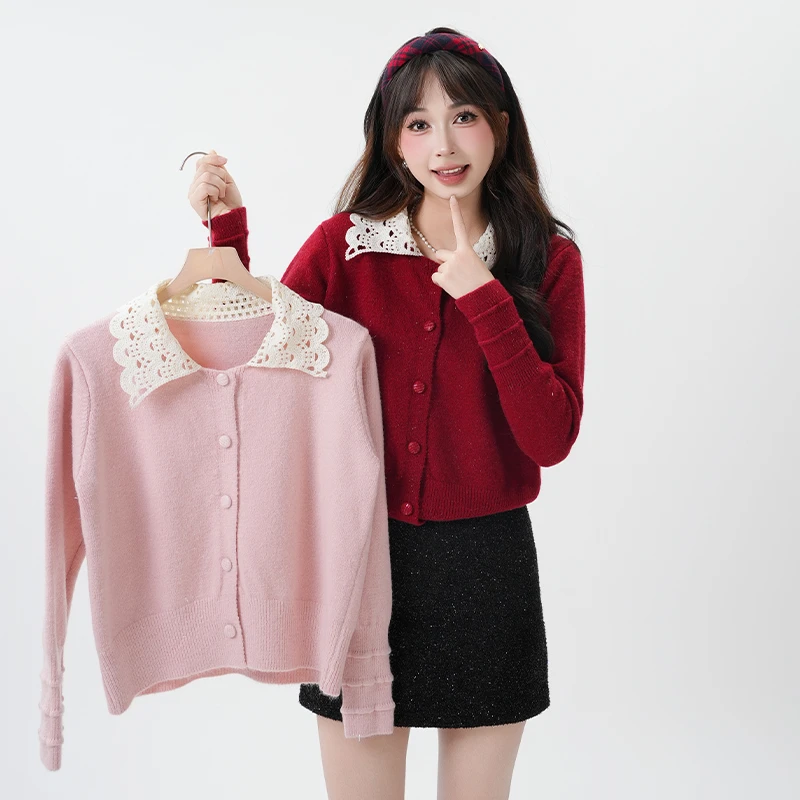 法式复古撞色圣诞红针织衫女2024秋冬新款翻领设计感长袖上衣