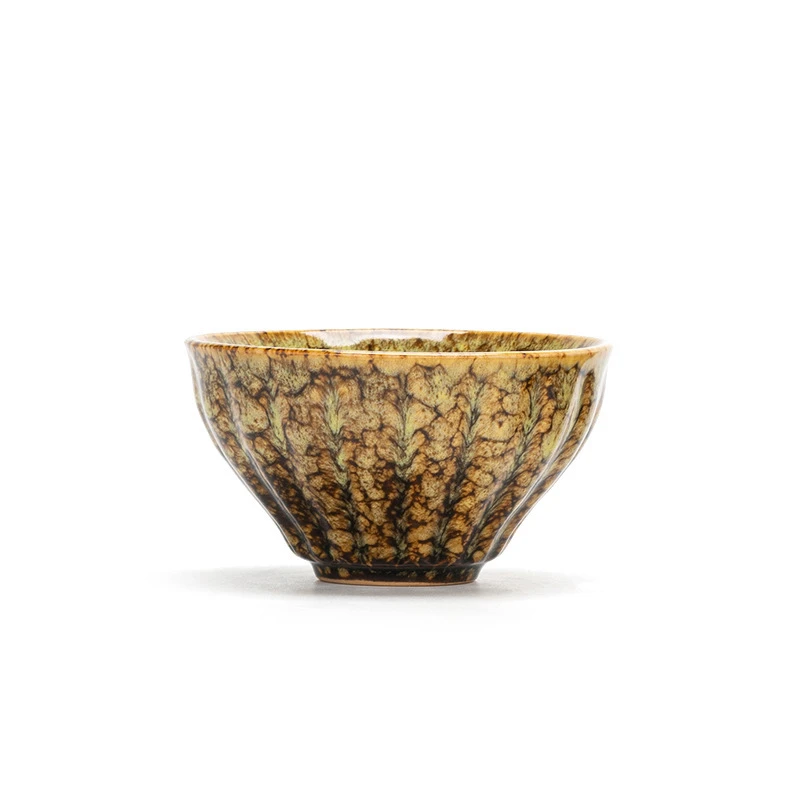 花瓣建盏茶杯功夫茶杯陶瓷家用主人杯泡茶杯盏茶杯窑变花瓣杯-黄