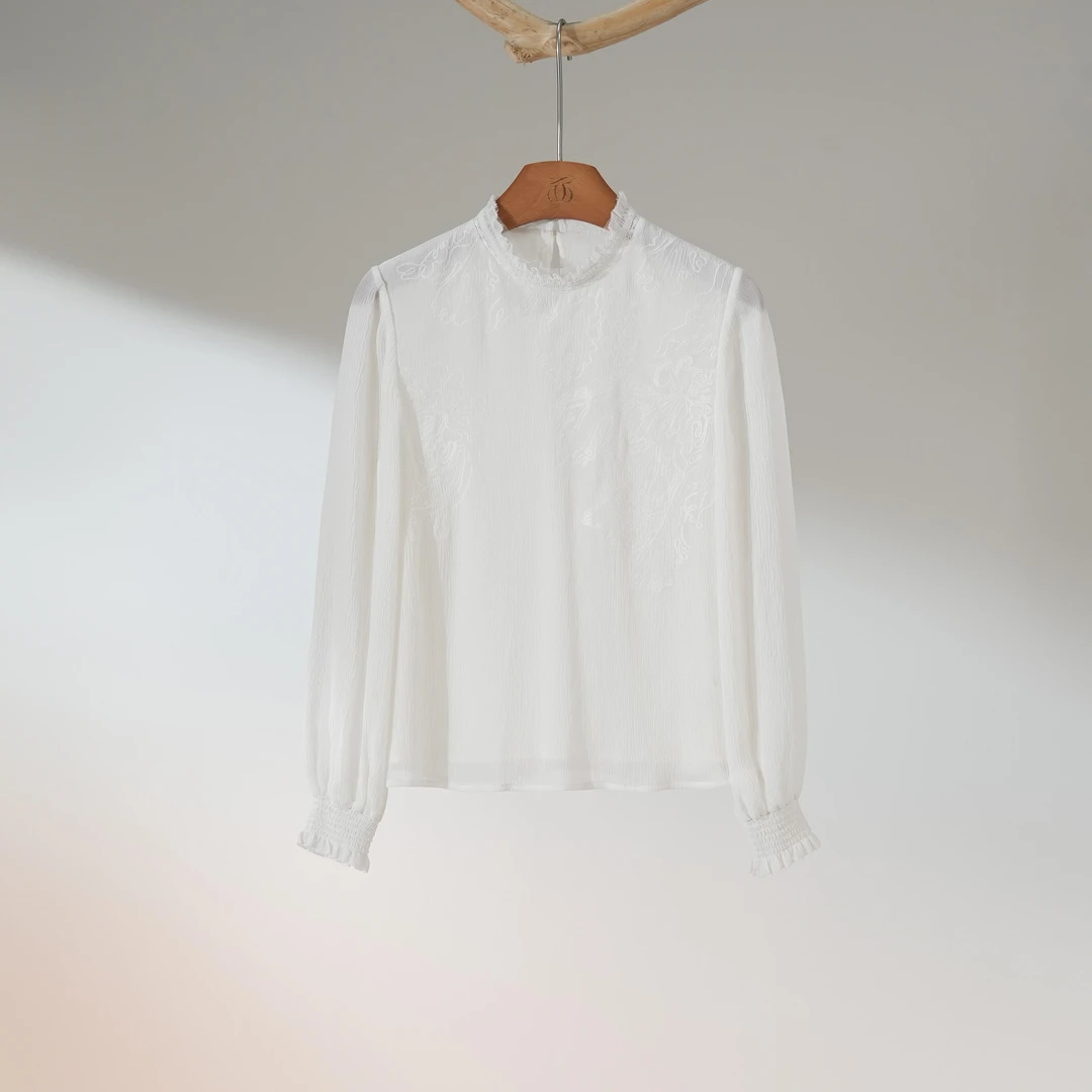 西子/【清梦】16姆米桑蚕丝顺纡绉蕾丝刺绣白色上衣/SYHY016