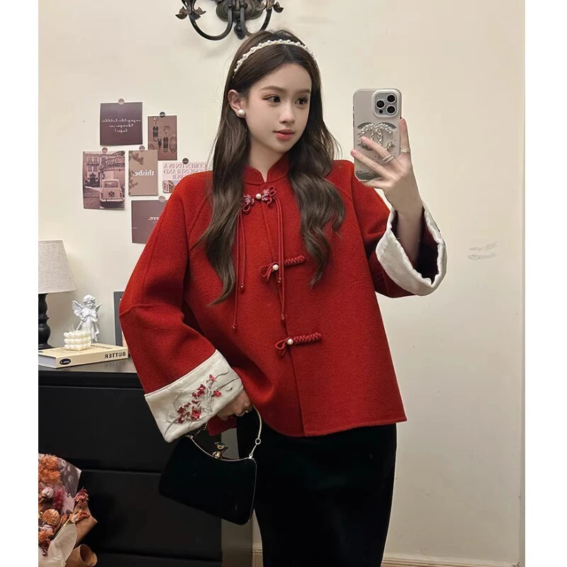 国风红色毛呢外套女秋冬新款大码胖mm宽松显瘦新中式盘扣短款上衣
