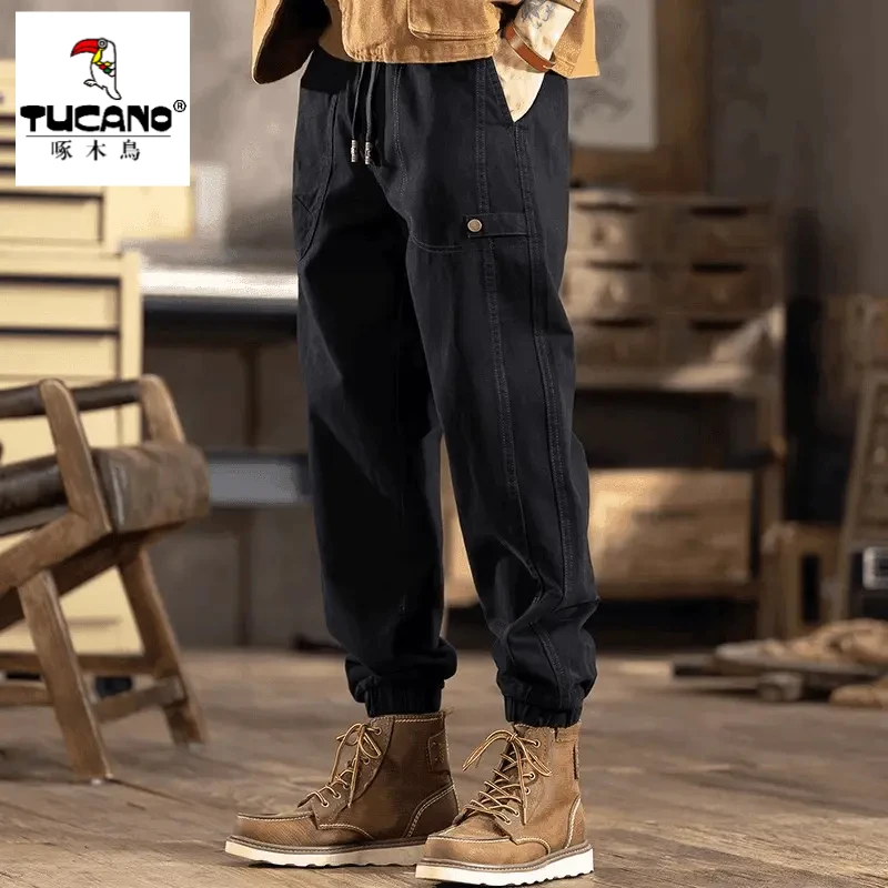啄木鸟高端美式黑色工装裤男潮牌春秋季新款宽松大码痞帅哈伦休闲