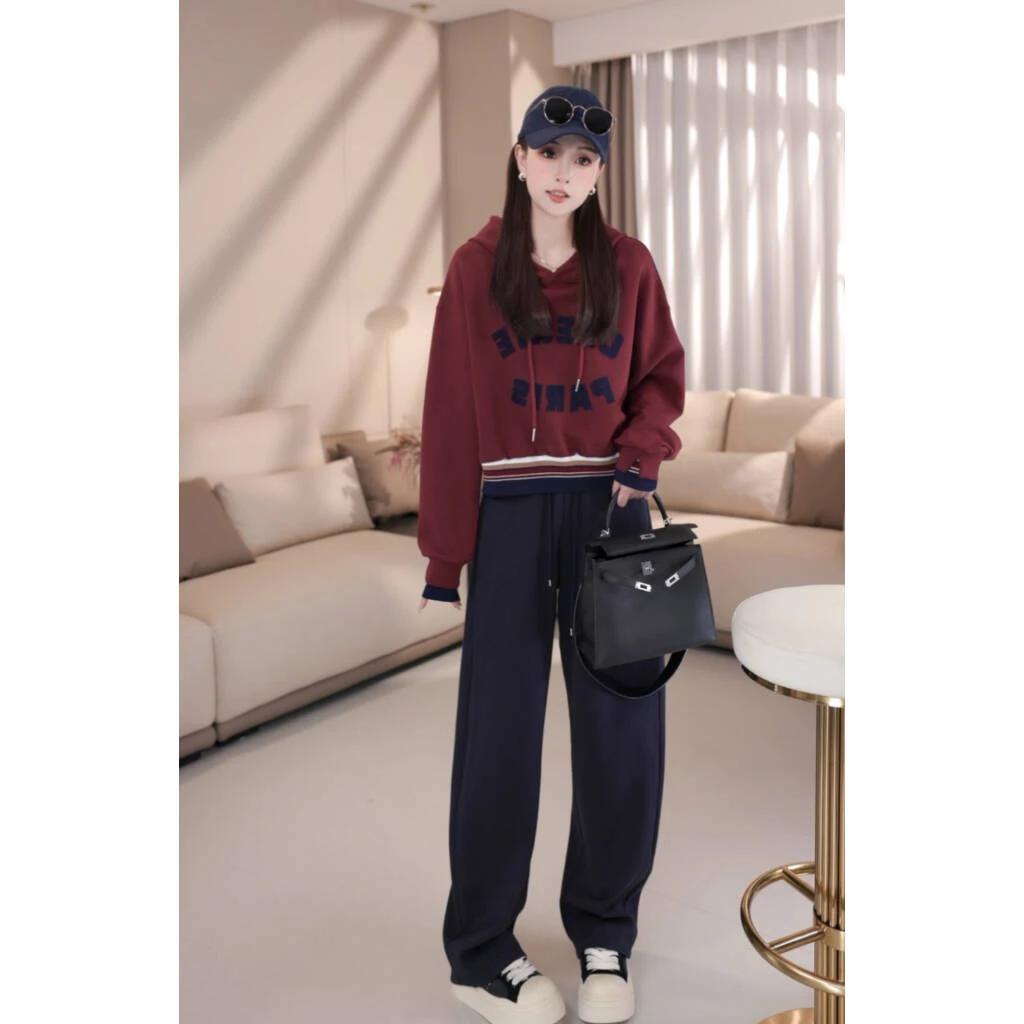 B8284秋季新款韩版小众复古下摆条纹洋气字母连帽卫衣