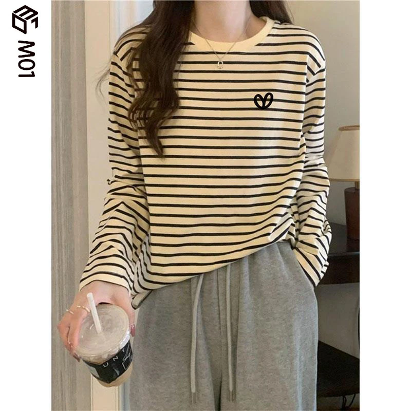 M012025新款条纹长袖t恤女装宽松休闲时尚百搭纯棉上衣春秋季