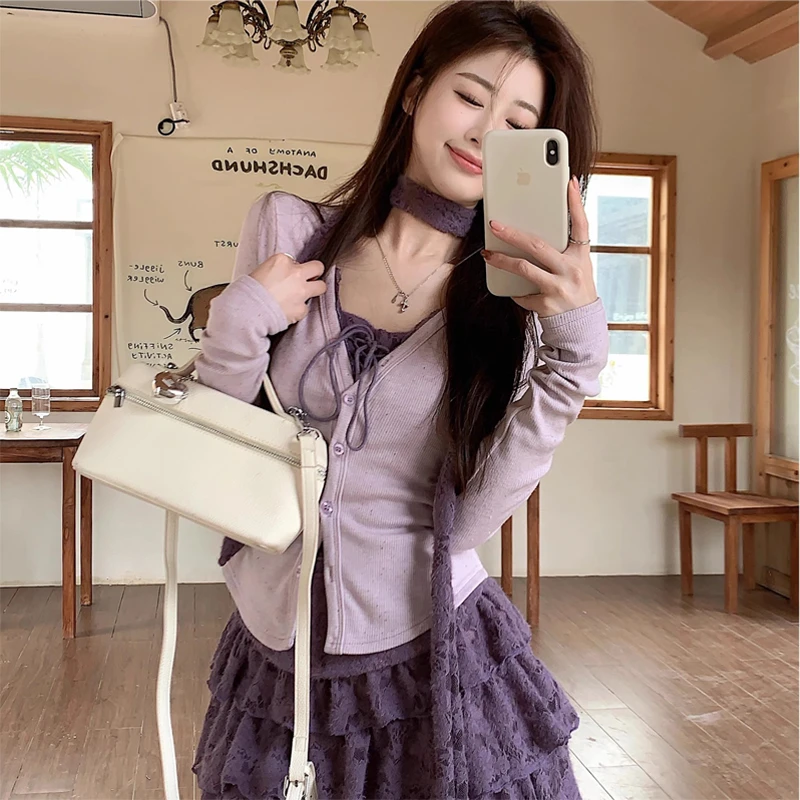 纯欲风甜辣套装女春夏紫色v领长袖针织开衫蕾丝吊带背心蛋糕短裙