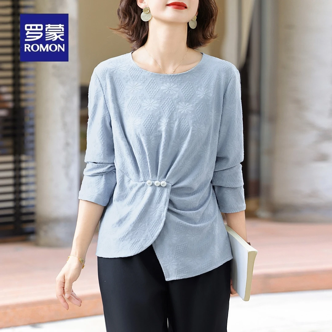 罗蒙妈妈秋装雪纺小衫洋气中老年女春秋高级感套装贵夫人洋气上衣
