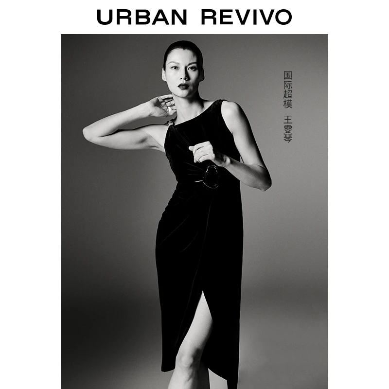 【超模同款】UR2025春季新款女装摩登金属饰镂空连衣裙UWG750024