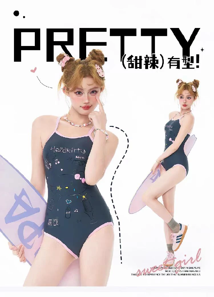 2025新款胶印凯蒂猫灰粉时尚高级感连体三角竞速款泳衣