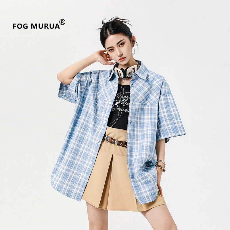 FOG MURUA蓝色格子短袖衬衫男2025夏季新款美式复古潮牌宽松衬衣