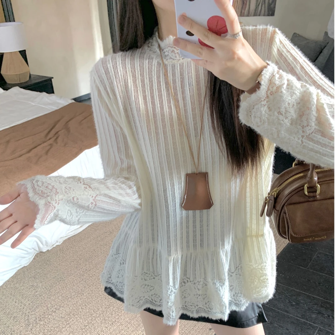 【wy】大码女装秋冬新款设计感重工蕾丝花边半高领上衣打底衫3802